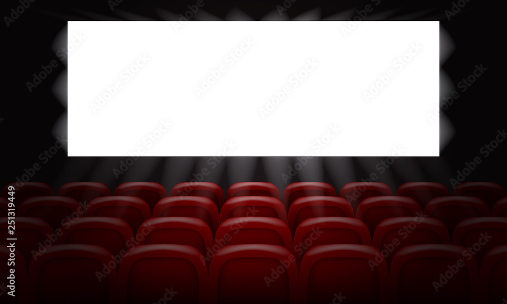 Movie cinema with empty white screen for poster design. 3d Vector illustration.
