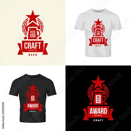 Modern craft beer drink vector logo sign for bar, pub, store, brewhouse or brewery isolated on t-shirt mock up. Premium quality mug logotype illustration set. Brewing fest fashion badge design bundle.