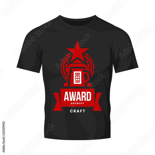 Modern craft beer drink vector logo sign for bar, shop, pub, store, brewhouse or brewery isolated on black t-shirt mock up. Premium quality mug logotype illustration. Brewing fest fashion badge design