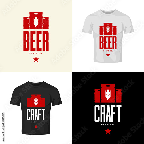 Modern craft beer drink vector logo sign for bar, pub, store, brewhouse or brewery isolated on t-shirt mock up. Premium quality keg logotype illustration set. Brewing fest fashion badge design bundle.