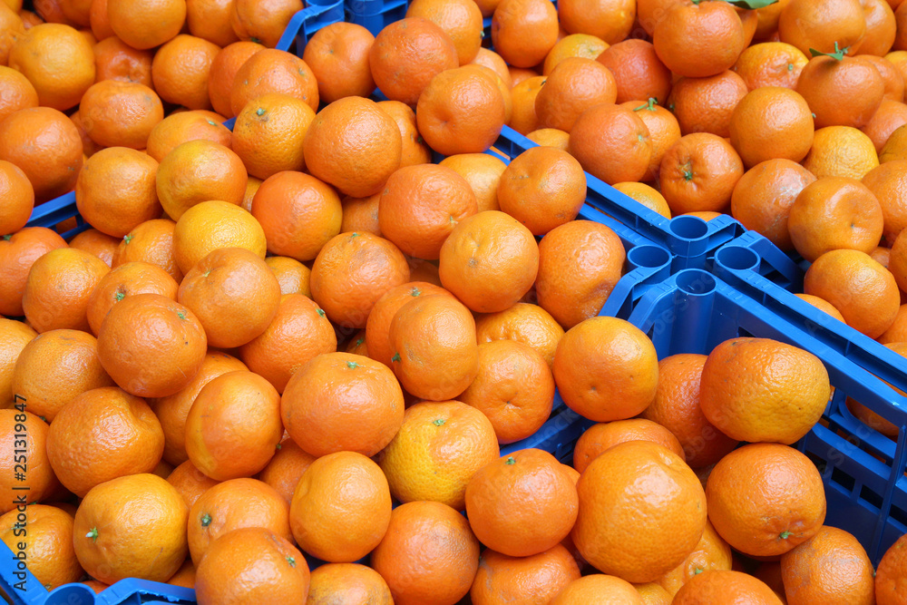 tangerine harvest. tangerines in blue basket. mandarine close up