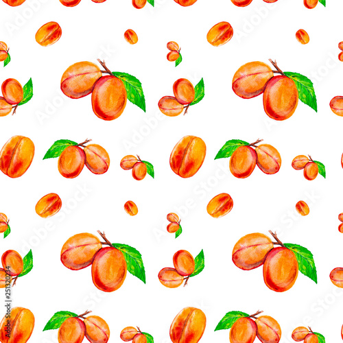 Fototapeta Naklejka Na Ścianę i Meble -  Watercolor illustration of fresh peaches isolated on a white background. Seamless pattern