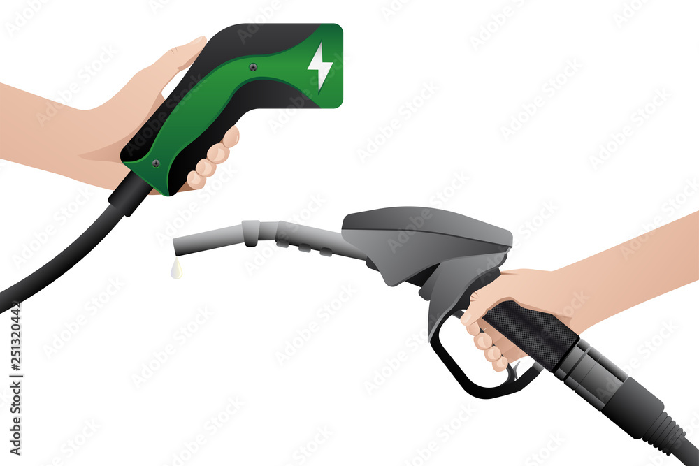 Hand with charging plug for electric vehicle and hand with fuel nozzle. Vector illustration