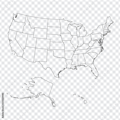 Blank map United States of America. High quality map of USA with federal states on transparent background for your web site design, logo, app, UI. Stock vector. Vector illustration EPS10. 