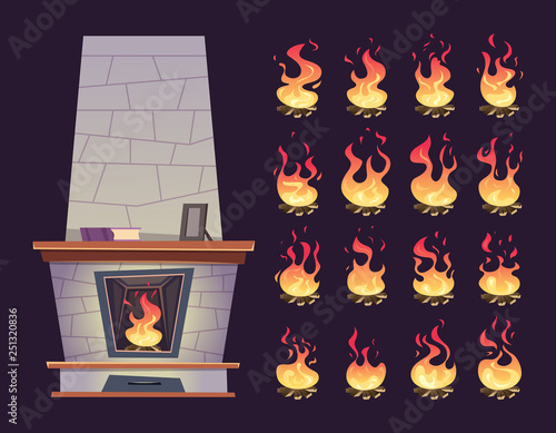 Interior fireplace. Keyframe animation of burning fire place for relax vector cartoons. Illustration of fireplace hot, burn flame
