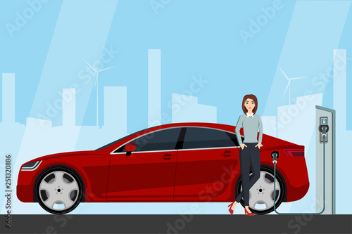 Woman charges an electric car at a charging station. Vector illustration EPS 10