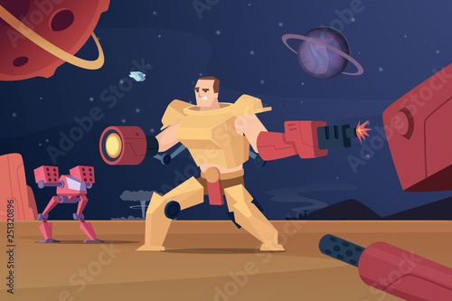Future combat robots. Cyber war futuristic soldiers on mars vector characters cartoon background. Space game with exoskeleton and battle on planet illustration