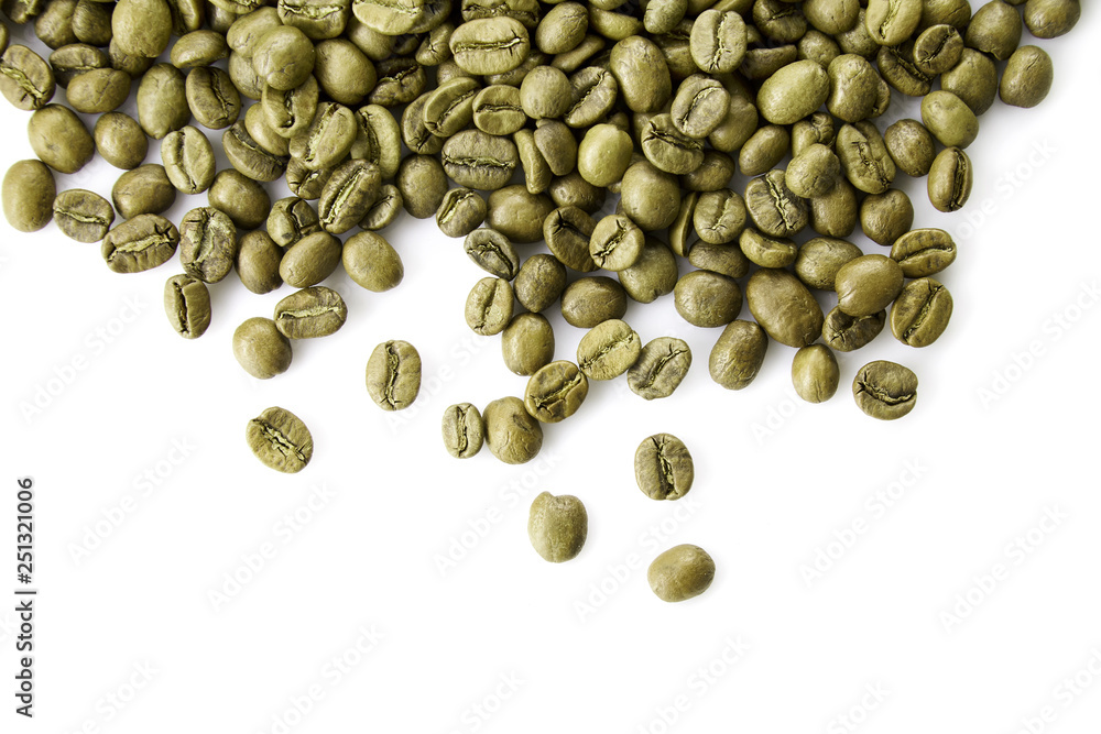 Close up view on Heap of green coffee beans isolated on white background. Useful image for design with copy space Close up view on Heap of green coffee beans isolated on white background. Useful image for design with copy space