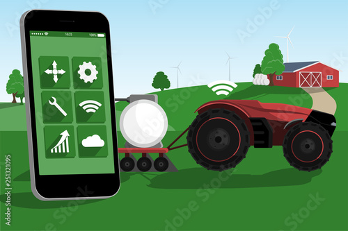Control of autonomous tractor by mobile app. Smart farming concept
