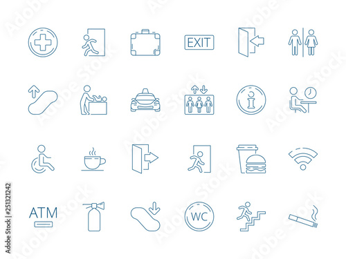 Navigate symbols. Public pictogram of restaurant place elevator washroom restroom toilet wifi vector icon collection. Navigate airport, luggage and swaddle, extinguisher and wc illustration