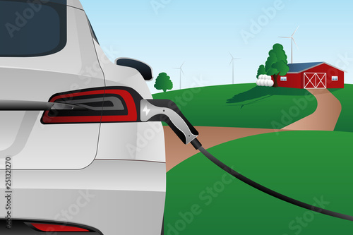 Charging electric car on the background of the countryside. New energy vehicle. Environment conservation. Vector illustration EPS 10