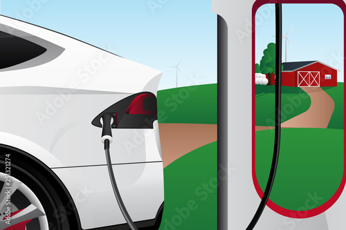Charging electric car on the background of the countryside. New energy vehicle. Environment conservation. Vector illustration EPS 10