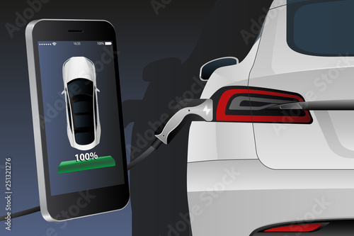 Mobile phone on a background of charging electric car. On a device screen indicator of power reserve. Vector illustration