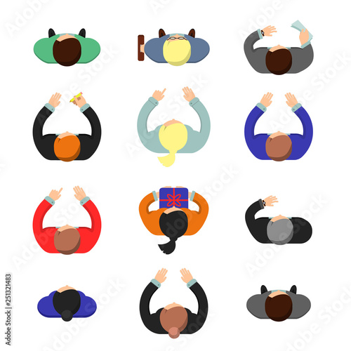 Managers top view. Standing or sitting business people male and female working in office vector flat pictures. Illustration of people male and female