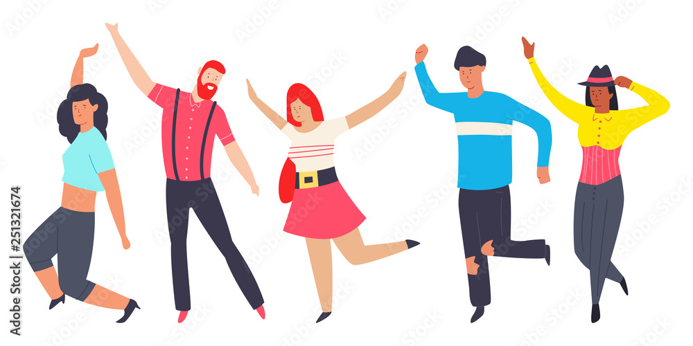 Dancing people in different poses. Men and women vector flat cartoon modern character isolated on white background.