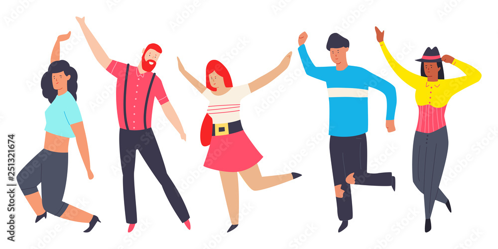 Dancing people in different poses. Men and women vector flat cartoon modern character isolated on white background. Dancing people in different poses. Men and women vector flat cartoon modern character isolated on white background.