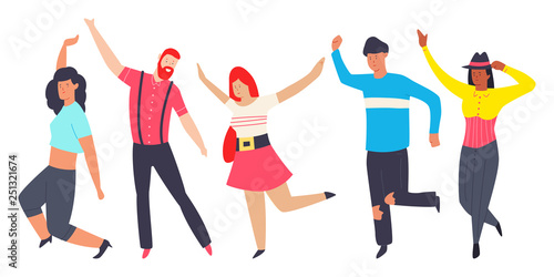 Dancing people in different poses. Men and women vector flat cartoon modern character isolated on white background.
