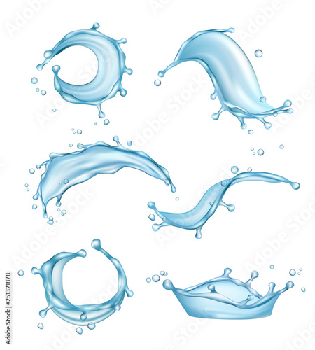 Water splashes. Liquid drops transparent nature watering vector realistic template. Illustration of splash and clear liquid, transparent water
