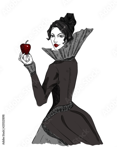 Evil sorceress, witch. Stepmother with a poisoned apple. Fairy-tale character, queen. Gothic vector illustration on white isolated background