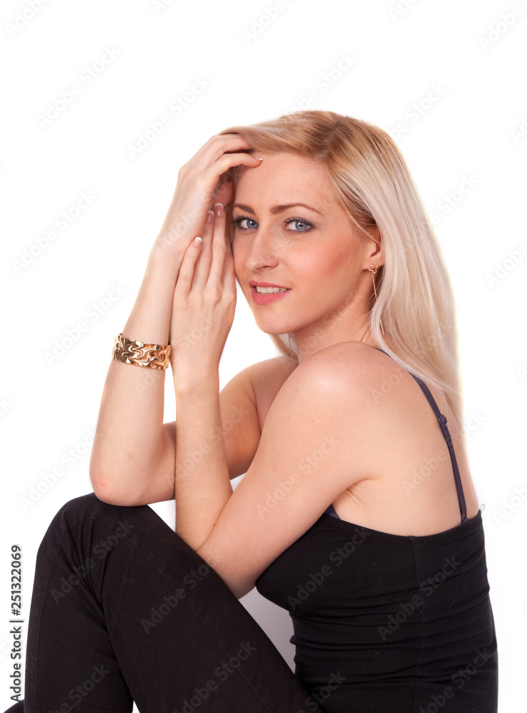 Portrait of the blonde pretty smiling woman on white background Portrait of the blonde pretty smiling woman on white background