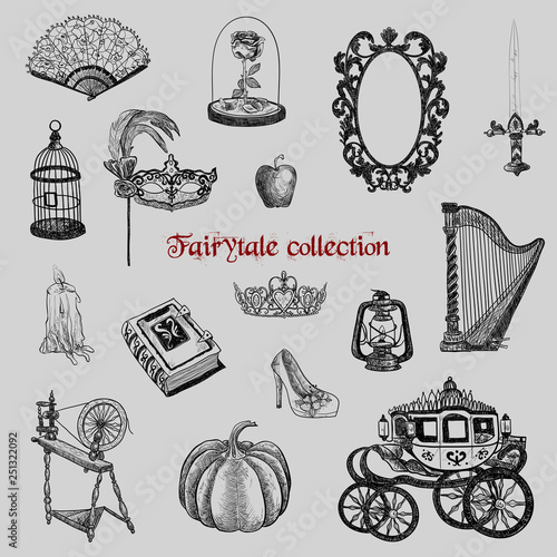 Fairytale collection. A set of magic items. Vector graphic illustration