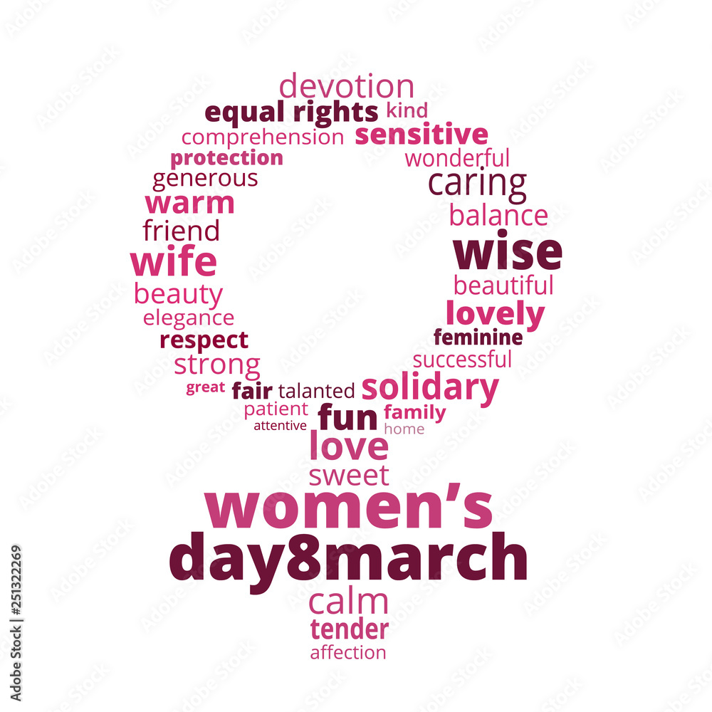 Greeting card for International women's day 8 march. Corporate or business  card with feminine sign made with words related to women like love, wise,  wife, confident, strong, tender. Stock Vector | Adobe Stock