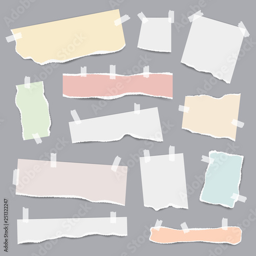 Taped paper. Ripped pieces of white and colored note pages vector realistic template. lllustration of ripped note, torn blank paper