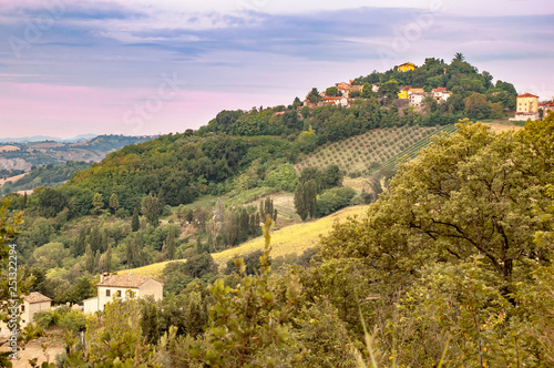 A view of Belvedere Fogliense, a little village on a hill, between Pesaro and Urbino in the Montefeltro region of Italy