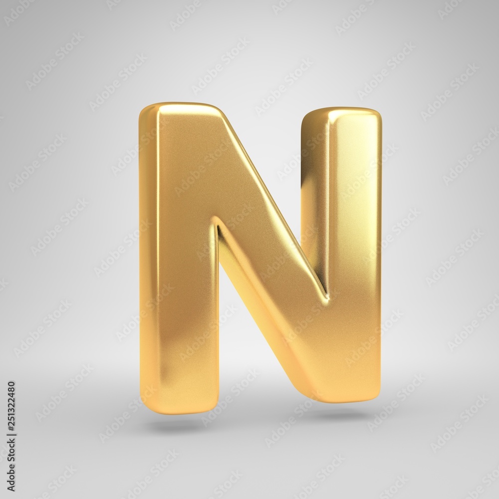3D letter N uppercase. Shiny golden font isolated on white background 3D letter N uppercase. Shiny golden font isolated on white background