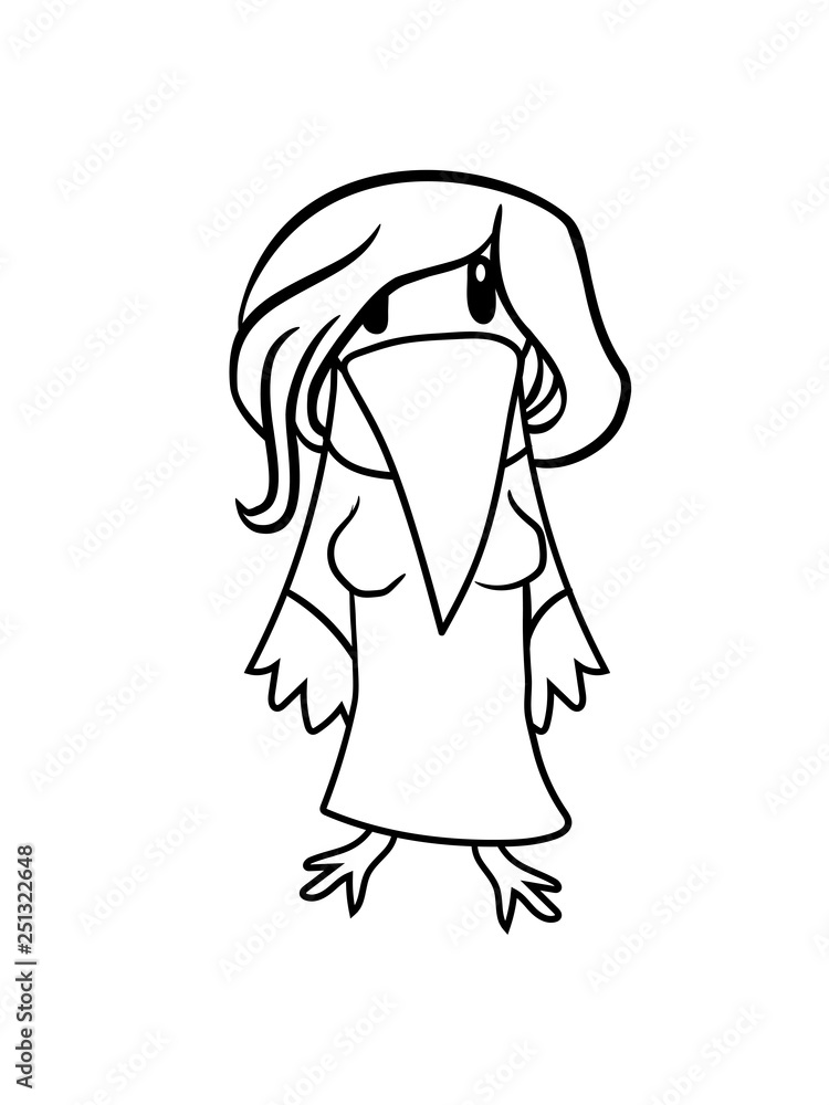 Fototapeta premium frau weiblich mädchen haare girl schön hübsch rabe krähe vogel küken vögelchen comic cartoon süß niedlich clipart design cool gemalt