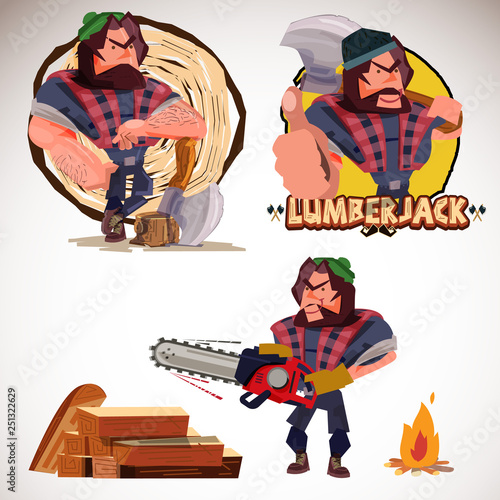 lumberjack character in  action set. logo of carpenter