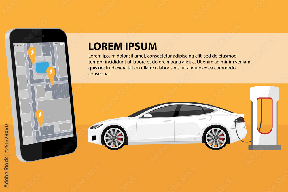 Fototapeta premium Mobile phone on the background of a charging electric car. On the screen is a map with the location of the charging stations.