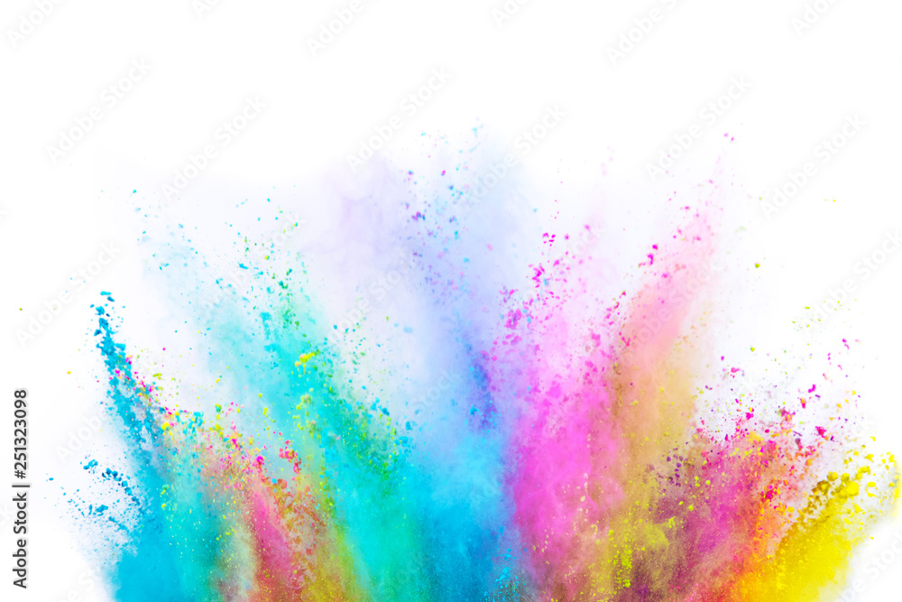 Colored powder explosion on white background. Freeze motion. - obrazy, fototapety, plakaty 
