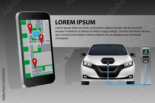 Mobile phone on the background of a charging electric car. On the screen is a map with the location of the charging stations.
