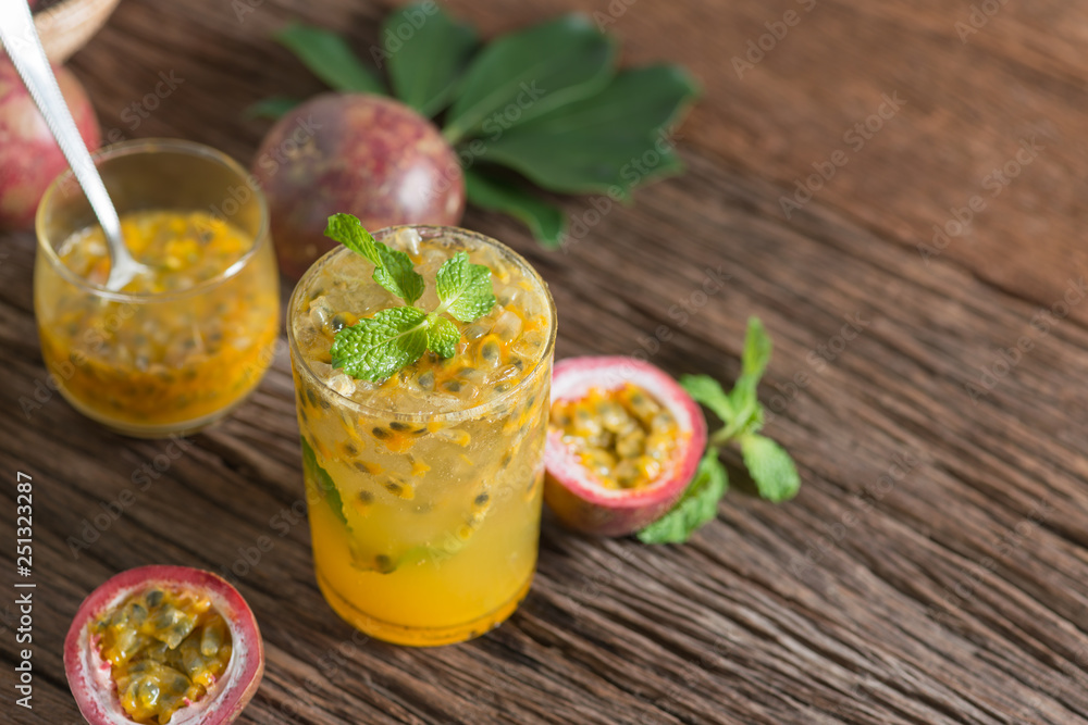 Fresh passion fruit with mint and soda water in glass, detox water, healthy drink. Fresh passion fruit with mint and soda water in glass, detox water, healthy drink.