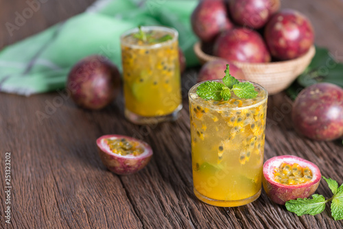 Fresh passion fruit with mint and soda water in glass, detox water, healthy drink.