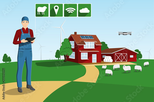 Modern farmer with a tablet computer and drone on a smart farm. Vector illustration