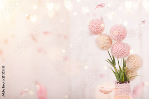 Flowers composition for Valentine s  Mother s or Women s Day. Pink flowers on old white wooden background. Still-life.