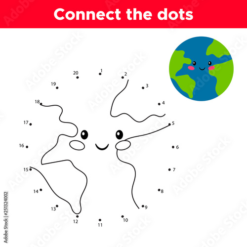 Dot to dot game, numbers game for children. Cute cartoon earth. Vector illustration.