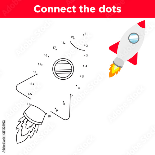 Dot to dot game, numbers game for children. Cute cartoon rocket. Space theme. Vector illustration.