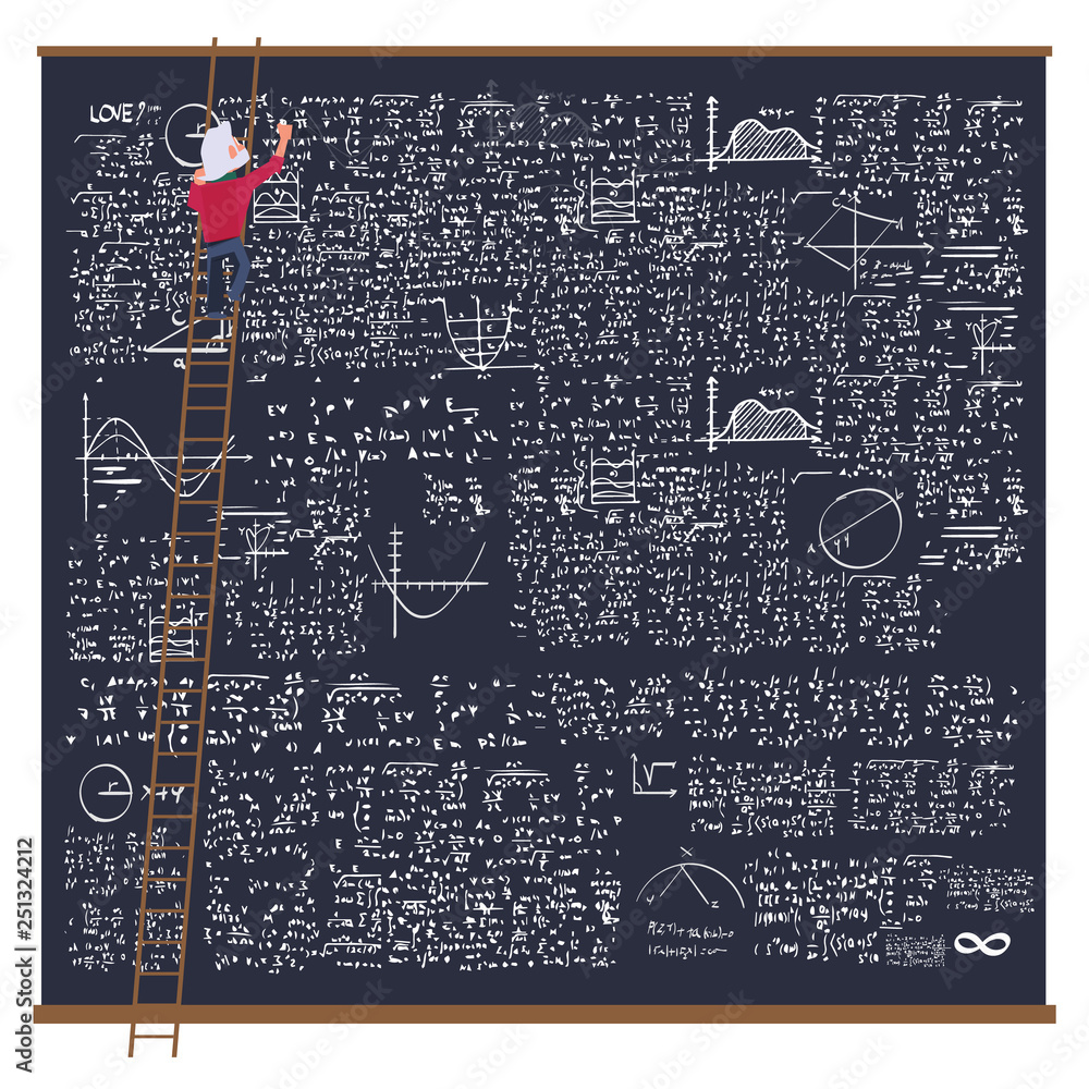 Professor Mathematician with Formulas On huge Blackboard, Math Science Research. math symbol