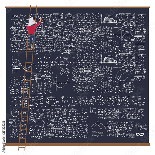 Professor Mathematician with Formulas On huge Blackboard, Math Science Research. math symbol