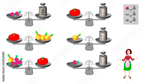 Mathematical logic puzzle game for children and adults. Need to calculate weight of products. Printable page for brainteaser book. Developing spatial thinking. Vector image.
