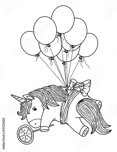 Vector cute unicorn with balloons, black silhouette for coloring.