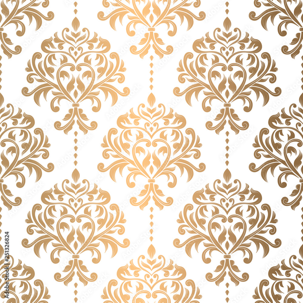 Golden damask vector seamless pattern, wallpaper. Elegant classic