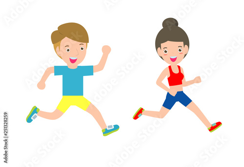 Man and woman jogging for healthy. Vector flat cartoon character icon design 