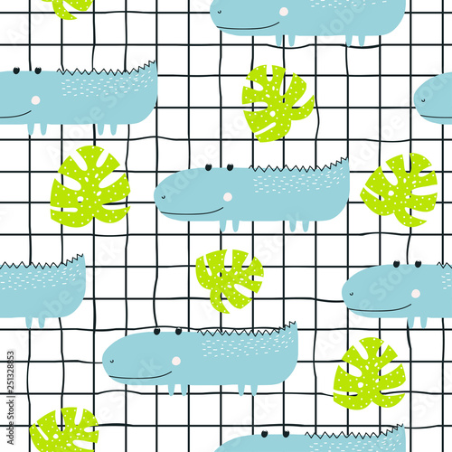 Seamless pattern with cute little crocodile and monstera leaf. Kids textile print. Vector hand drawn illustration.