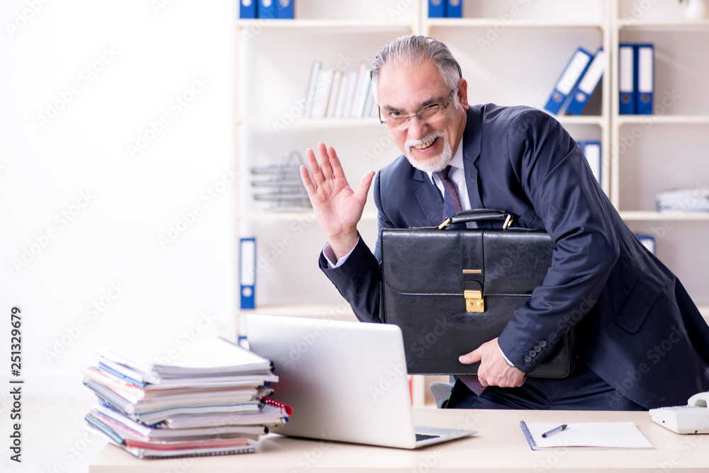White bearded old businessman employee unhappy with excessive wo White bearded old businessman employee unhappy with excessive wo