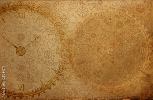Vintage clock steampunk frame background, watches, cogs, gears, old retro