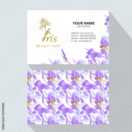 Iris flower logo in the style of engraving. Beauty logo.  Beauty Bar. Vector business cards design template. Romantic design for natural cosmetics, perfume, women products.